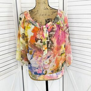 Chenault Watercolor Floral Chiffon Cold Shoulder Blouse Multicolor Small